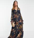 Asos Design Maternity Floral Tiered Maxi Dress With Tie Front In Satin Stripe-multi