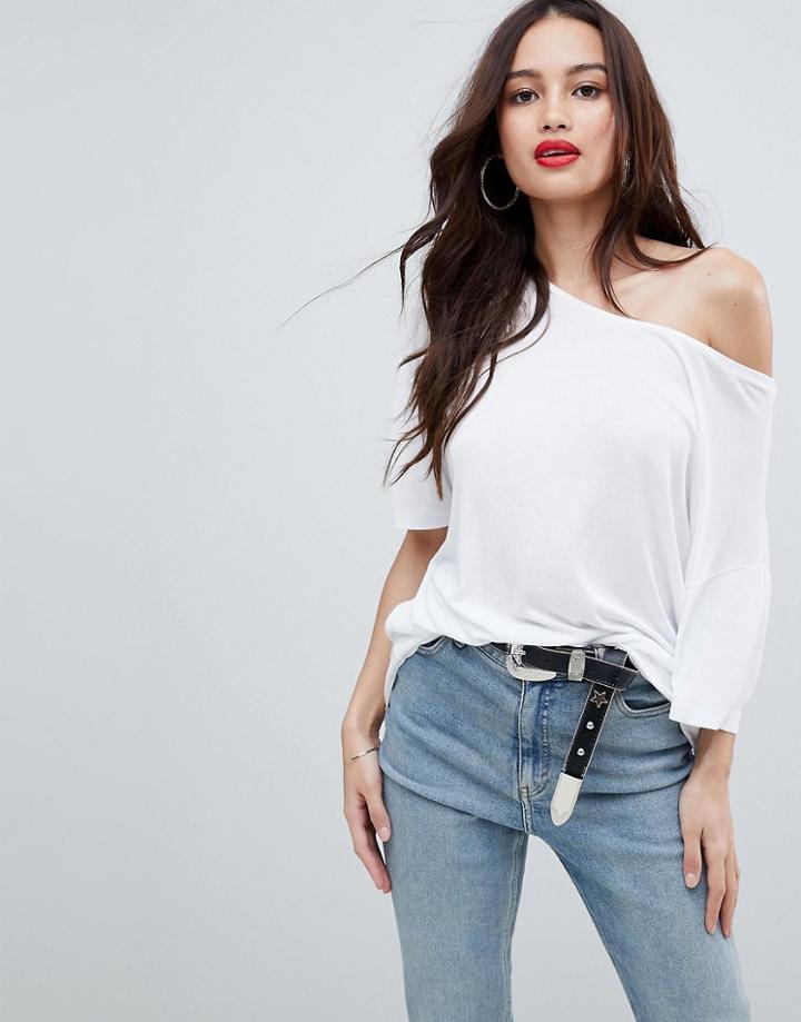 Asos Design Off Shoulder T-shirt In Rib - White