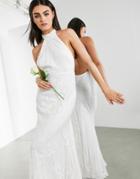 Asos Edition Ottilie Halter Applique And Embroidered Wedding Dress With Fishtail-white