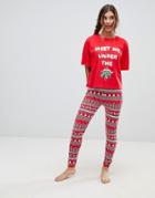Asos Designmr & Mrs Christmas Meet Me Under The Mistletoe Boxy Tee And Legging Pyjama Set-red