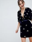 Asos Design Mini Wrap Dress In Velvet With Embellishment - Navy