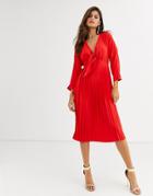 Asos Design Pleated Tie Front Midi Dress-red