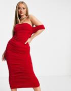 Club L London Drape Shoulder Ruched Detail Pencil Dress In Red