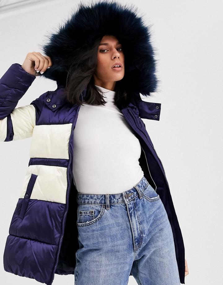 Gianni Feraud Color Block Padded Jacket With Faux Fur Hood