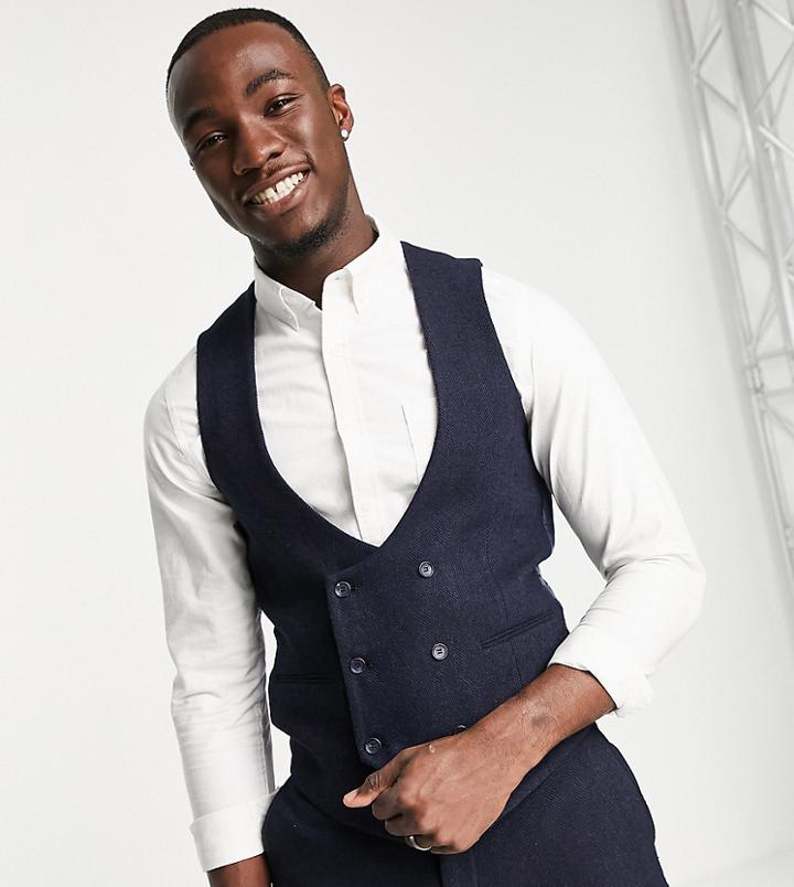 Gianni Feraud Tall Wool Mix Navy Herringbone Slim Fit Scoop Vest