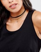 Nylon Double Layered Choker Necklace With Fabric Choker Band - Black
