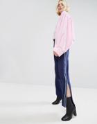 Stylenanda Wide Leg Track Pants With Side Stripe & Ankle Zip - Navy