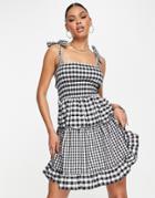 Trendyol Square Neck Mini Dress In Patchwork Gingham-black