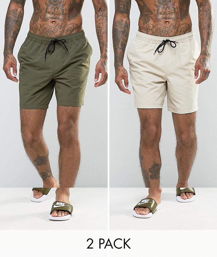 Asos Design 2 Pack Swim Shorts 2 Pack In Khaki & Stone Mid Length Save-multi