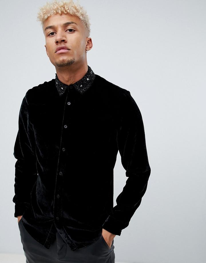Asos Design Regular Fit Velevet Shirt With Beaded Collar - Black