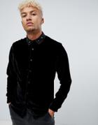 Asos Design Regular Fit Velevet Shirt With Beaded Collar - Black