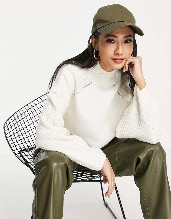River Island Rib Sleeve High Neck Sweater In Cream-white