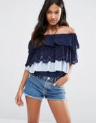 Boohoo Off The Shoulder Tiered Lace And Ruffle Top - Navy