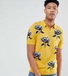 Asos Tall Knitted Revere Collar Polo In Mustard With Floral Jacquard - Yellow