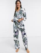 Asos Design Tropical Long Sleeve Shirt & Pants Pyjama Set In Green & Purple-multi