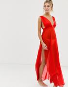 Brave Soul Beach Maxi Dress With Slits - Red