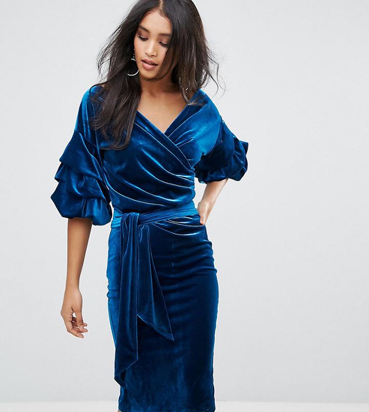 Lioness Velvet Off Shoulder Midi Dress With Ruched Sleeve Detail - Blue