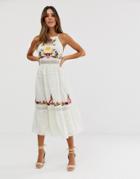 Asos Design Square Neck Tiered Midi Dress With Lace And Embroidery - White