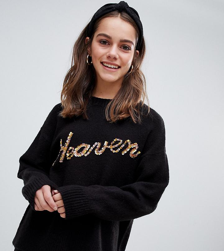 Asos Design Petite Sweater With Sequin Slogan - Black