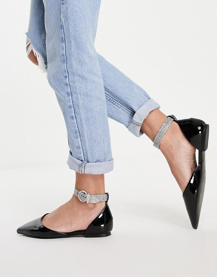 Asos Design Lustful Ballet Flats With Gem Anklet In Black Patent