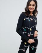 Asos Design Christmas Top With Long Sleeve And Glitter Garland Print Two-piece - Black