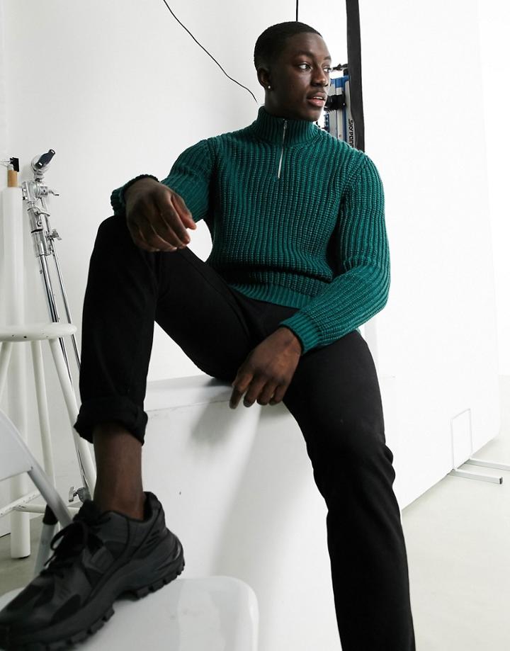 Asos Design Heavyweight Fisherman Rib Half Zip Sweater In Teal-green