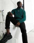 Asos Design Heavyweight Fisherman Rib Half Zip Sweater In Teal-green