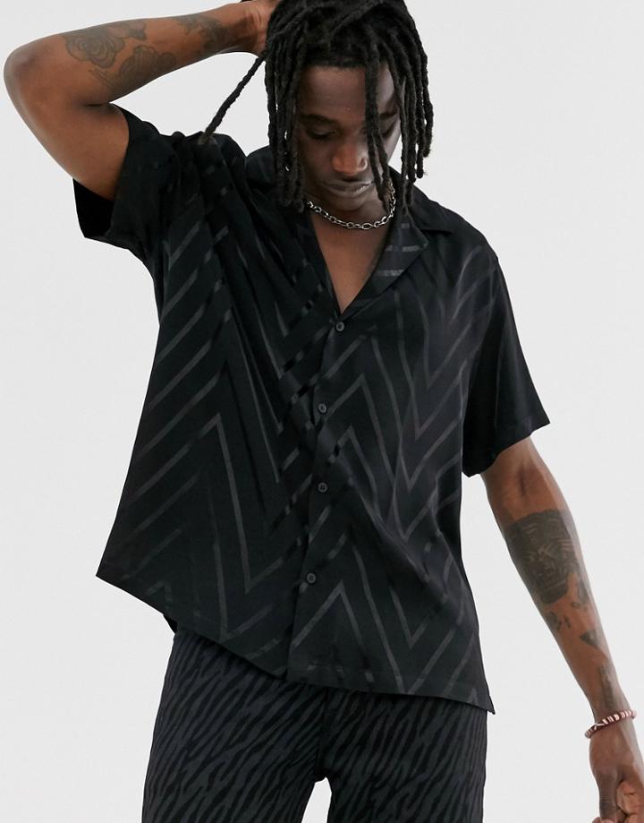 Asos Design Relaxed Fit Black Chevron Stripe Shirt With Low Revere Collar - Black