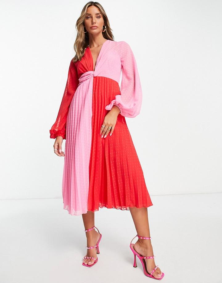 Asos Design Textured Twist Front Pleated Midi Dress In Color Block-multi