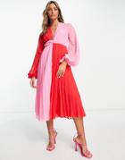 Asos Design Textured Twist Front Pleated Midi Dress In Color Block-multi