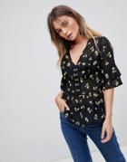 Influence Hook And Eye Front Floral Blouse - Black