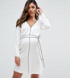Asos Maternity Satin Piped Belted Shirt Mini Dress - White