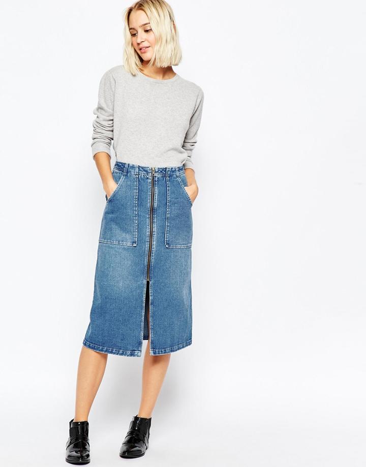 Asos Denim Midi Skirt With Zip Front - Indigo