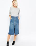 Asos Denim Midi Skirt With Zip Front - Indigo