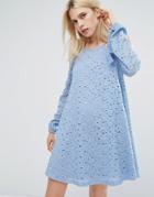 J.o.a Swing Dress With Cold Shoulders And Tassel Ties In Lace - Blue