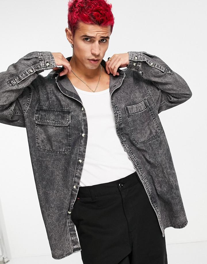 Asos Design 90s Oversized Acid Wash Denim Shirt In Black-grey