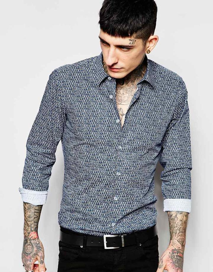 Devil's Advocate Zig Zag Print Slim Fit Shirt - Blue