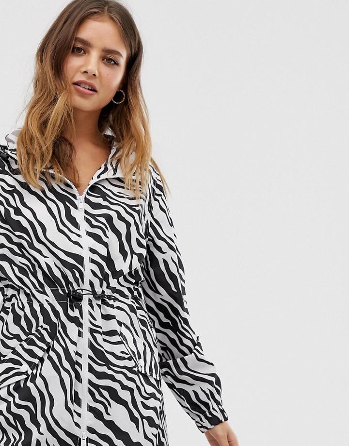 Brave Soul Rain Mac Jacket In Zebra Print - Black
