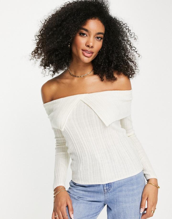 Asos Design Off Shoulder Sweater With Collar Detail In Cream-white