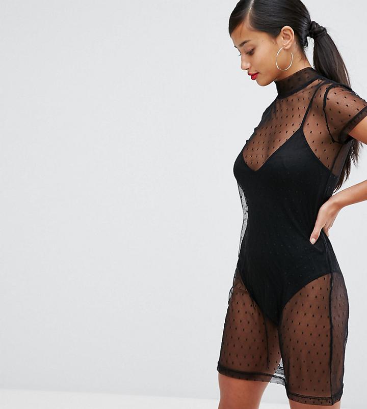 Naanaa Petite High Neck Mesh Mini Dress With Underlay - Black