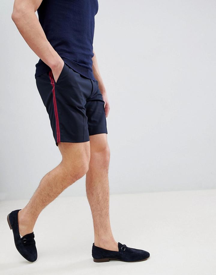 Asos Design Slim Mid Length Smart Shorts In Navy With Side Stripe Tape - Navy