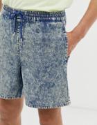 Asos Design Denim Short Shorts With Elasticated Waist In Acid Wash - Blue