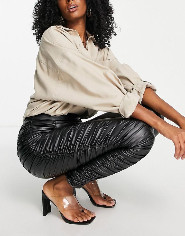 Parisian Faux Leather Ruched Side Pants In Black