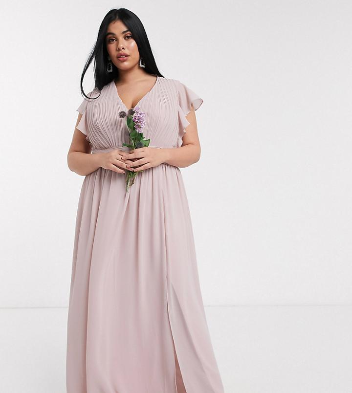 Tfnc Plus Bridesmaid Plunge Front Flutter Sleeve Maxi Dress In Pink