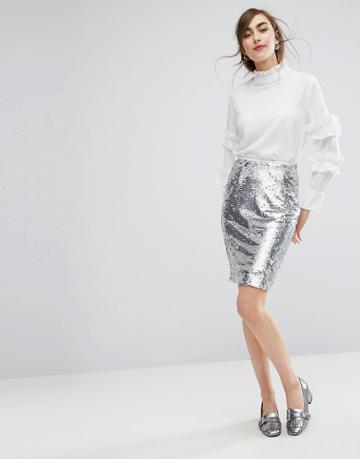 E.f.l.a Sequin Pencil Skirt With Frill Detail - Silver