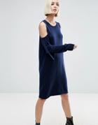 Asos Knitted Dress With Tie Cold Shoulder - Navy