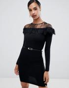 Lipsy Long Sleeve Belted Sweater Dress With Lace Detail - Black