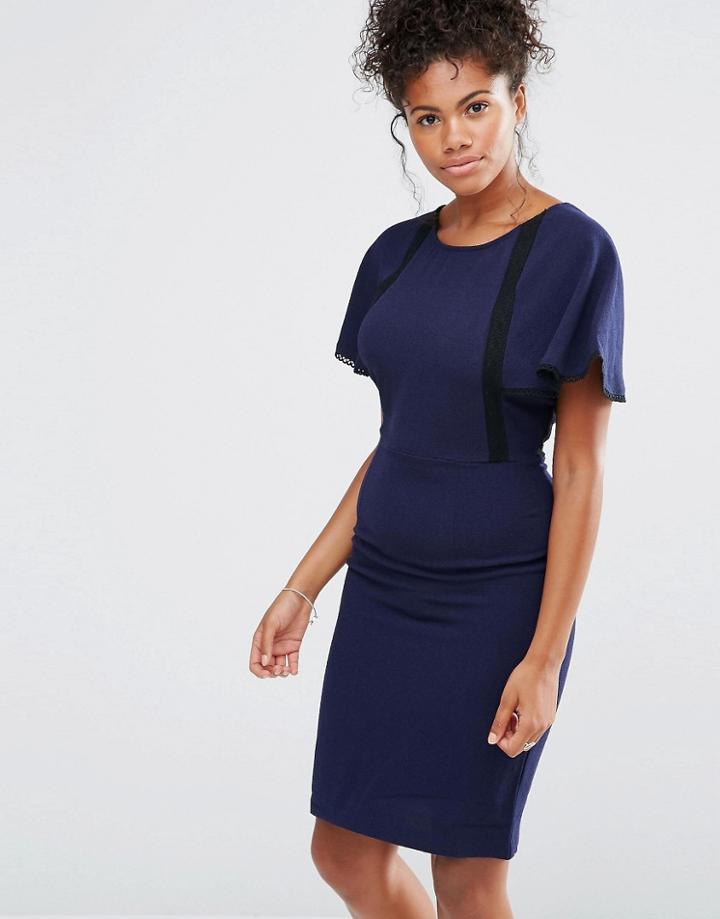 Liquorish Lace Insert Wiggle Dress With Cape Sleeves - Navy