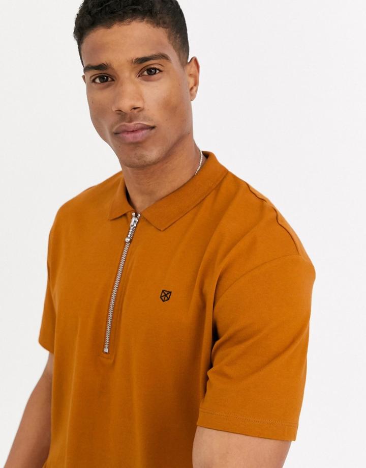 Jack & Jones Premium Relaxed Fit Zip Neck Polo In Rust Orange