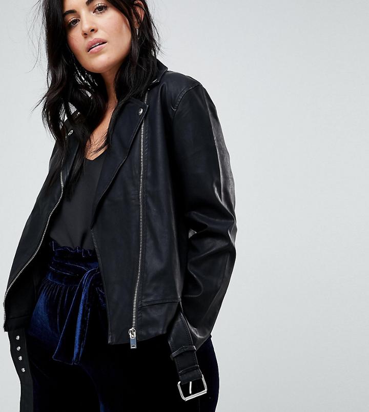 Lost Ink Plus Longline Biker Jacket In Faux Leather - Black